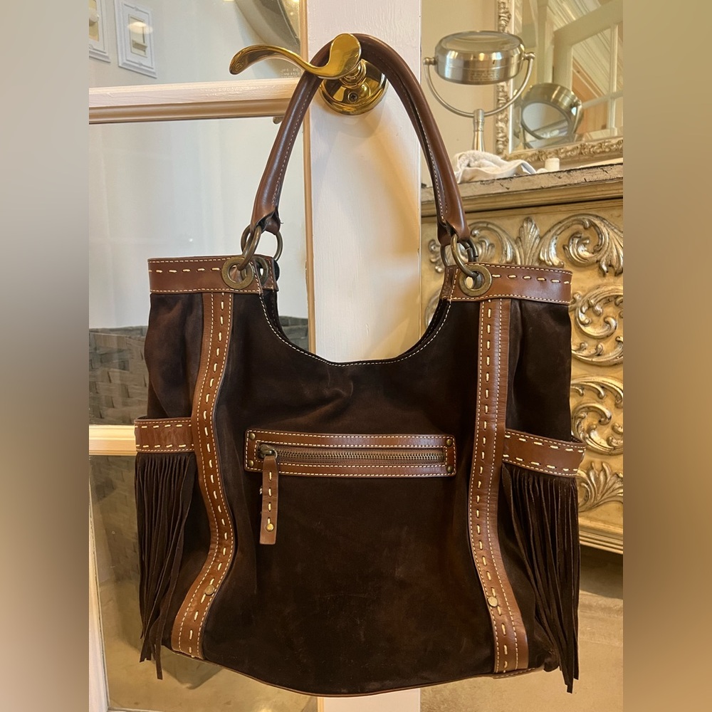 Vintage brown suede and leather Adrienne Vittadini handbag.FRINGE